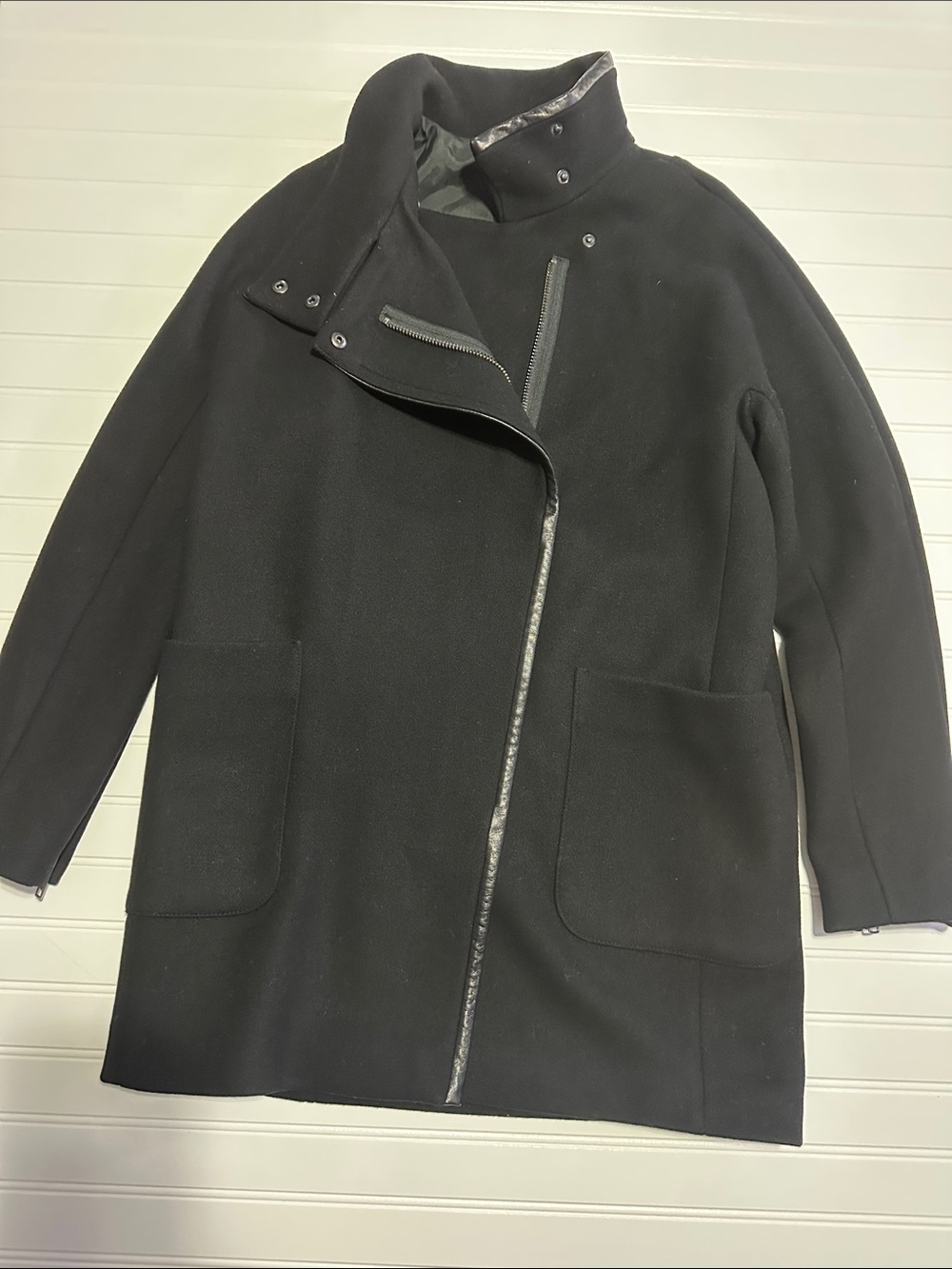 Madewell Black Wool Blend Asymmetrical Coat Funnel Neck Jacket Women’s Size 8